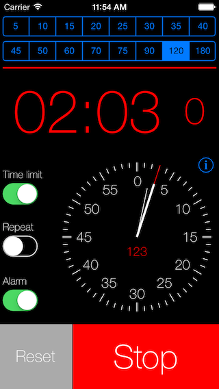Screenshot of iPhone PsyTimer stopwatch